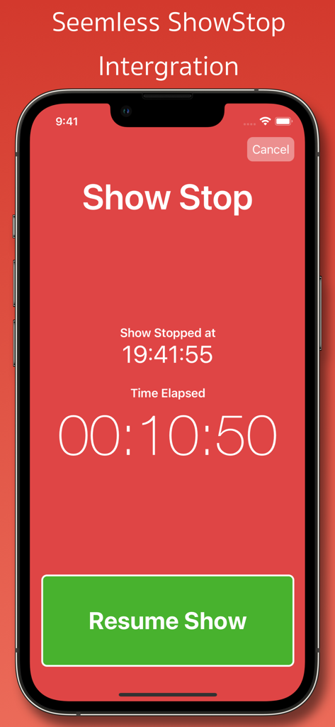 Écran d'iPhone de l'application Show StopWatch montrant une interface rouge avec un minuteur pour un arrêt de spectacle et un bouton vert pour reprendre la performance