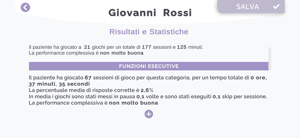 hOLDer - hOLDer 앱의 실행 기능에 대한 상세 환자 진행 상황 통계 및 인지 성능 데이터를 보여주는 스크린샷.