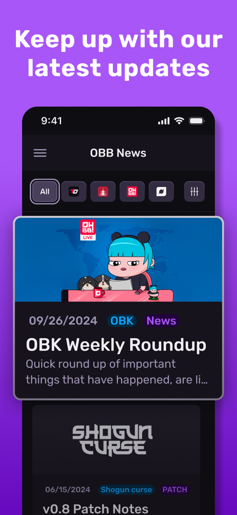 Interfaz de la aplicación OBB Mobile que muestra actualizaciones de noticias y resúmenes semanales de juegos