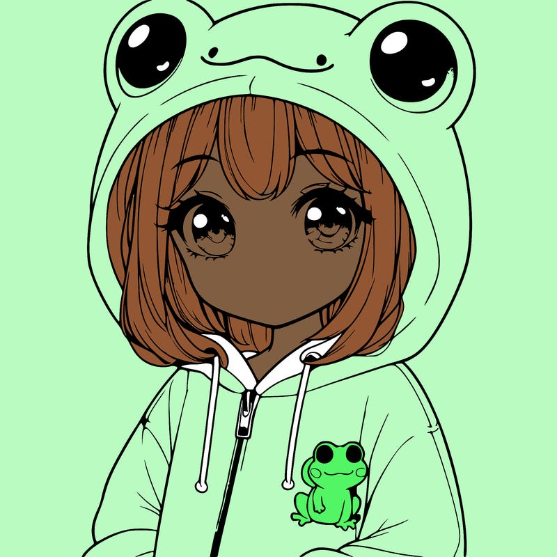 cute realistic girl in a froggy hoodie