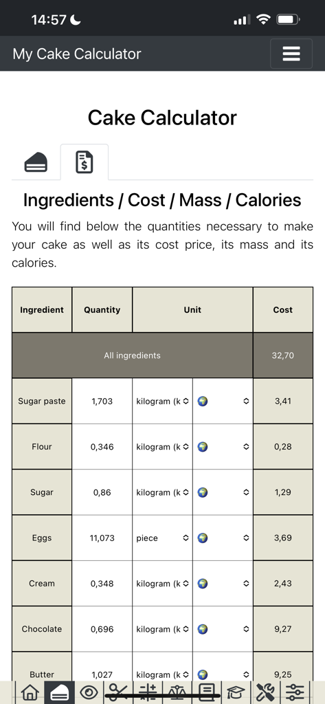 A table in the My Cake Calculator app listing ingredients like sugar paste and flour with their quantities and costs