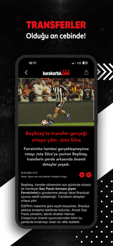 Karakartal mobile App-Oberfläche, die Beşiktaş-Transfernachrichten und einen Fußballspieler zeigt