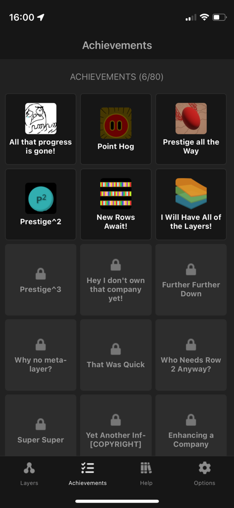 Prestige Tree: Mobile - Prestige Tree Mobile achievements screen showing a grid of unlocked and locked milestone badges