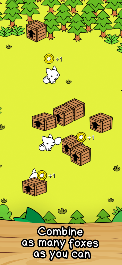 Fox Evolution - Clicker Game - Gameplay of Fox Evolution showing white doodle foxes and wooden boxes in a forest clearing