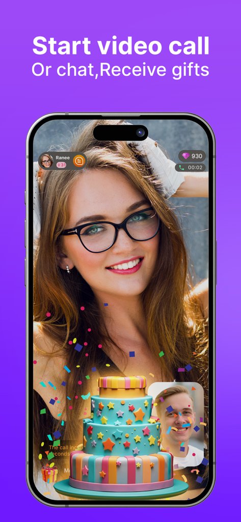 Ravi: Video Chat, Meet Singles - Ravi app live video call interface showing a virtual cake gift being sent during a chat
