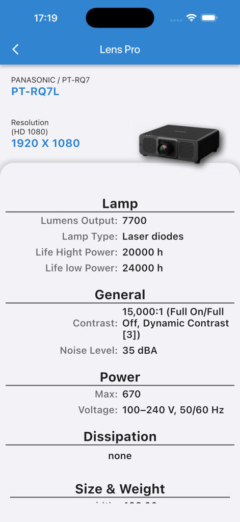 Especificaciones técnicas de un proyector Panasonic PT-RQ7L en la aplicación LensPro.