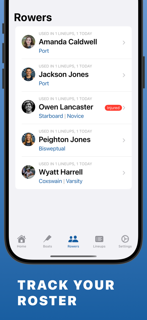 Screenshot of the Rowers screen in The Rowing App showing a list of athletes with their rowing positions and injury status.