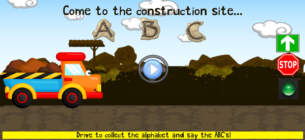 Things That Go! Vehicle Games - Cartoon dump truck at a construction site collecting alphabet letters in an educational game.