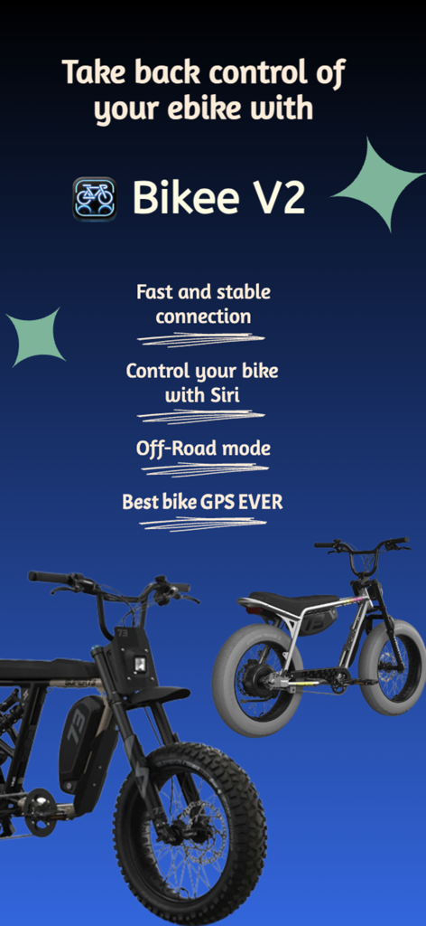 Bikee - Gráfico promocional de la aplicación Bikee V2 que destaca el control de Siri, el modo todoterreno y las funciones de GPS junto a dos bicicletas eléctricas.