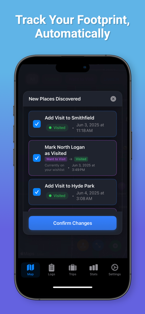 TrekPins - TrekPinsアプリのインターフェースには、モバイルデバイス上での訪問都市の自動検出とログ記録が表示されます。