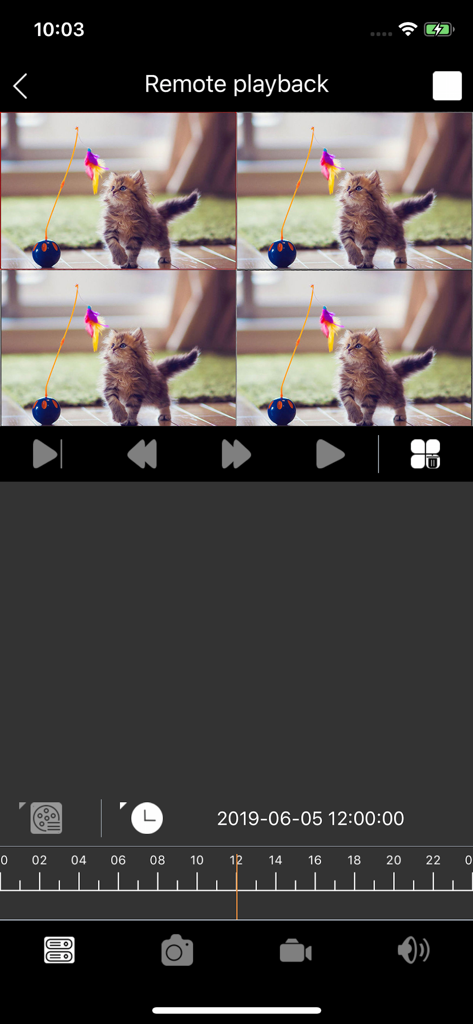 Provision Cam 2 remote playback screen featuring a four-way camera grid and a video timeline