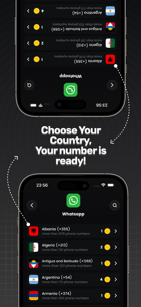 Interface de l'application GetSMS pour choisir un numéro de téléphone virtuel de différents pays pour la vérification WhatsApp.