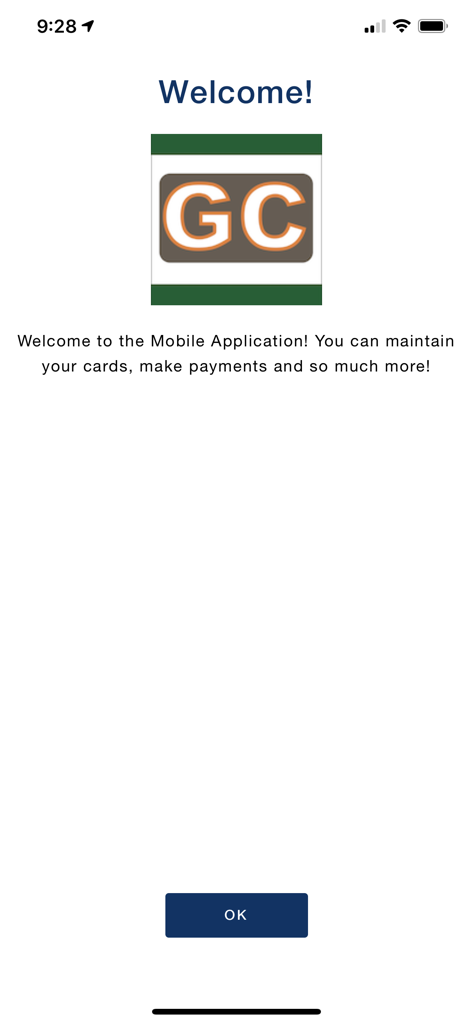 Écran d'accueil de l'application Glass City Card Controls affichant le logo du crédit union
