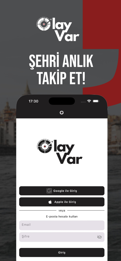 Olay Var city news app login screen with social media sign in options