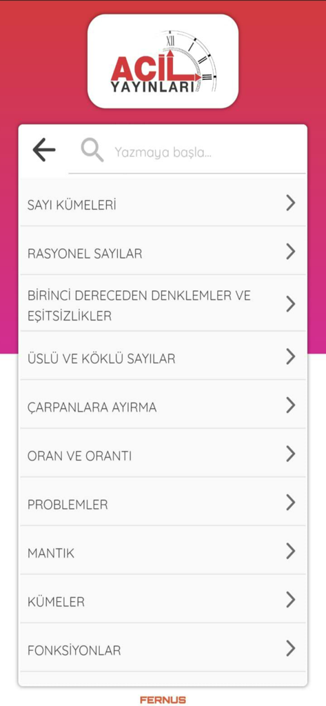 Acil Video Çözüm - Acil Video Cozum app interface showing a list of math topics like rational numbers and functions