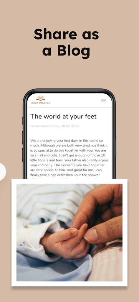 Baby Diaries - Book Journal - A smartphone showing a baby journal entry shared as a blog post with a photo of a baby hand