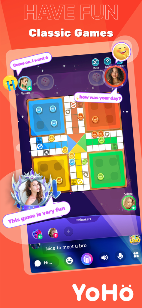 YoHo app interface showing users playing a classic Ludo board game while participating in a group voice chat.