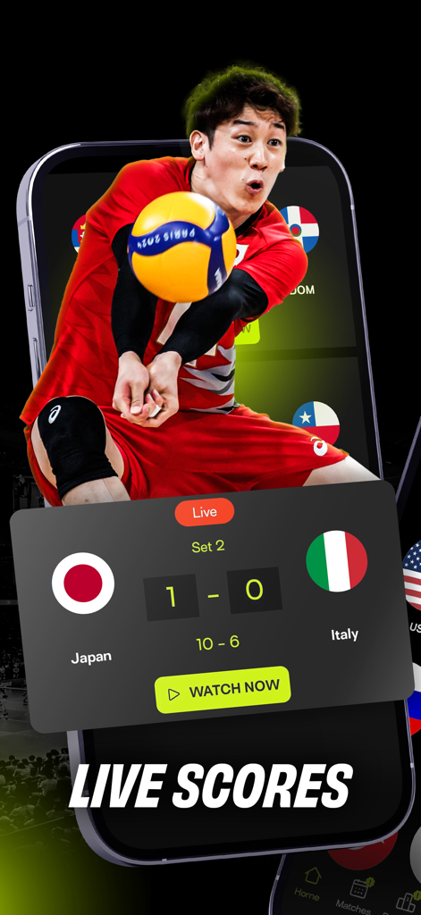 VBTV - Stream Volleyball Live - VBTV app showing live scores for a volleyball match between Japan and Italy