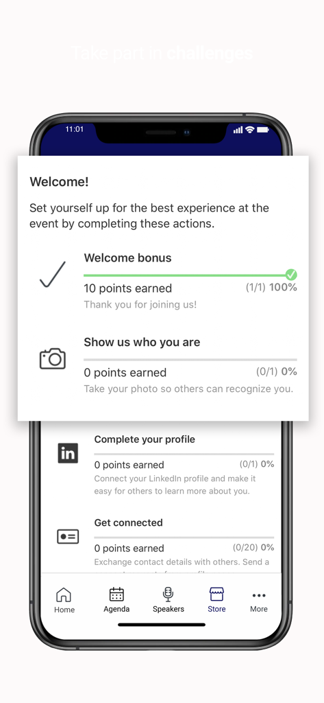 SII Events App - The welcome screen of the SII Events App featuring a gamified checklist to earn points by completing a profile and networking.
