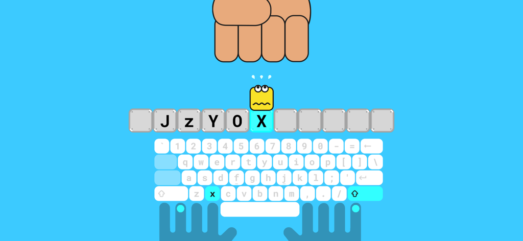 A typing mini game in Typing Land where a character avoids a falling fist by typing the correct letter on a virtual keyboard