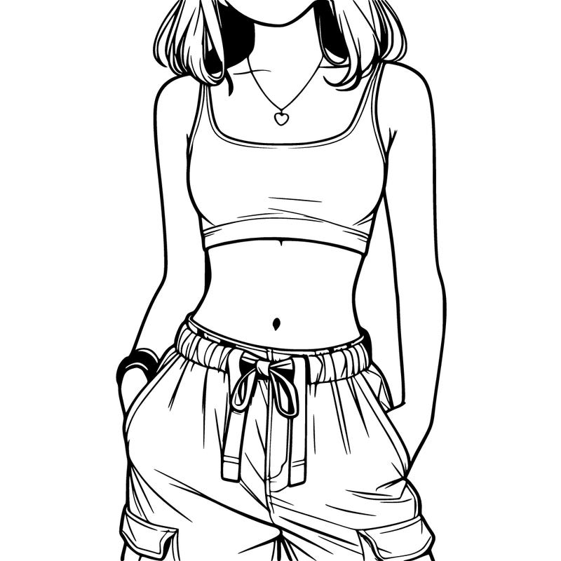 realistic girl wearing a crop top and a baggy pair of cargo pants