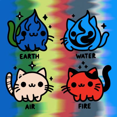 4 cats that represent the different elements, earth, water, air, and fire