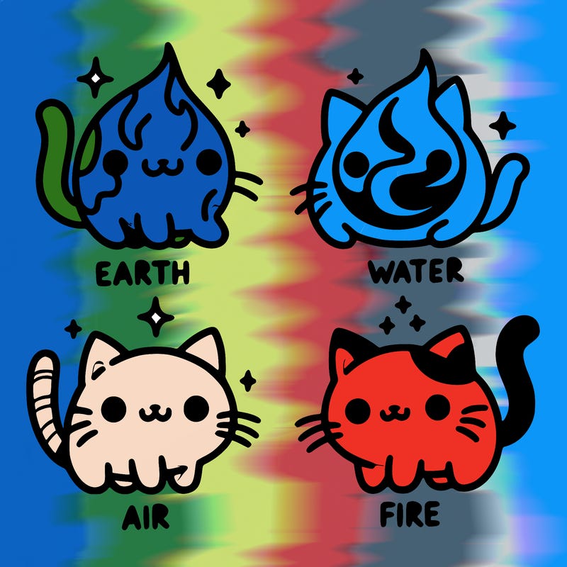 4 cats that represent the different elements, earth, water, air, and fire