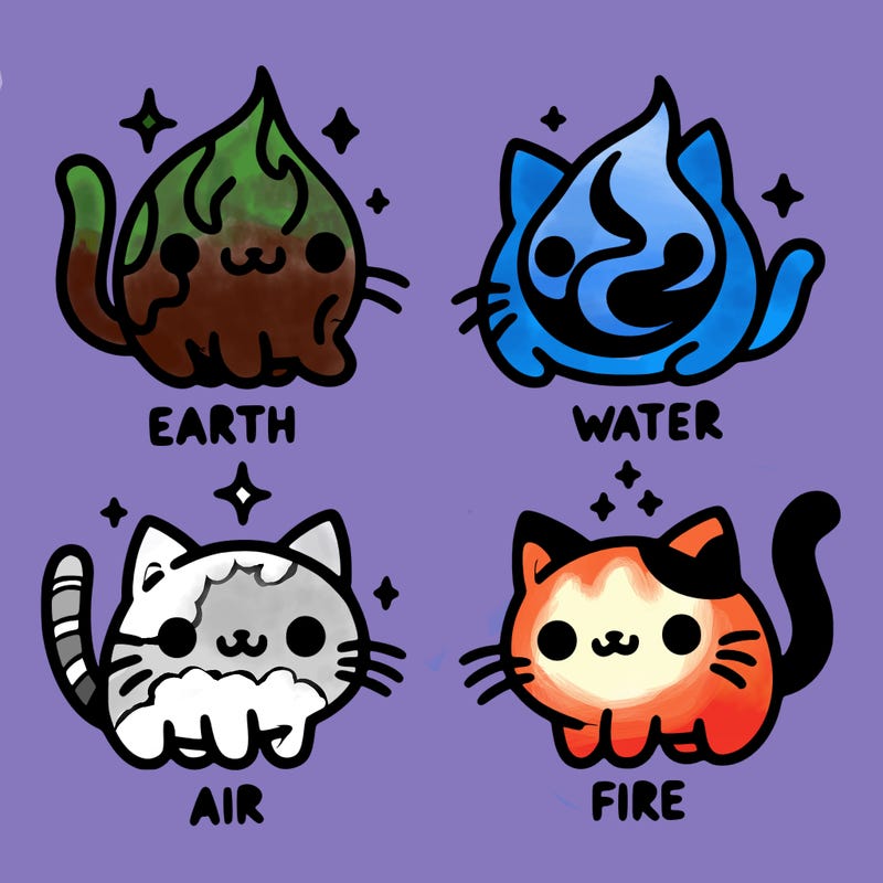 4 cats that represent the different elements, earth, water, air, and fire
