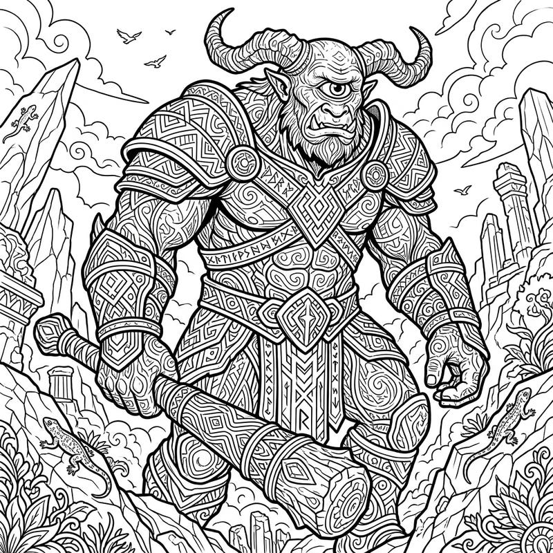 Embark on an epic artistic journey with this stunning adult coloring page featuring a powerful Cyclops giant. Its intricate patterns and mythical landscape offer hours of meditative creativity for fantasy art lovers.