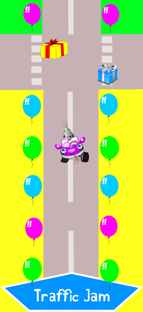 Car Match 2026 - Traffic Jam - Purple cartoon car with a party hat driving through colorful balloons in Traffic Jam game