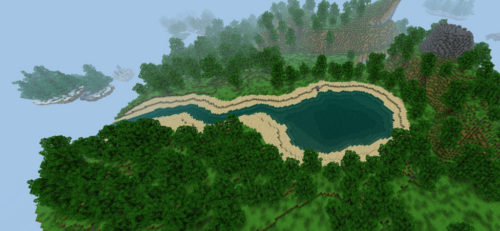 Survivalcraft 2 Day One - Vista aerea di una foresta costiera e una spiaggia in un mondo di gioco di sopravvivenza a blocchi