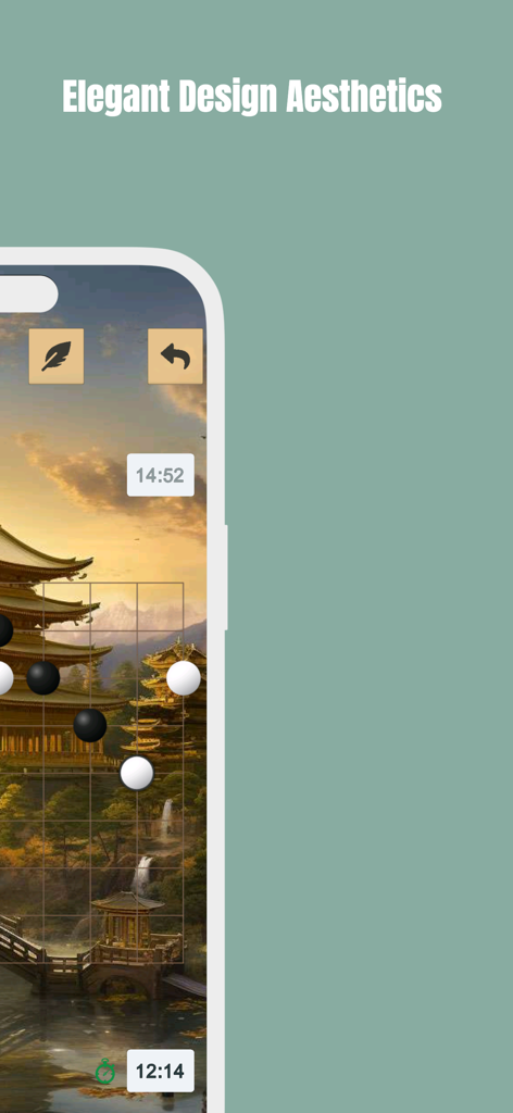 A Gomoku board game match on a mobile phone featuring an elegant Japanese temple background