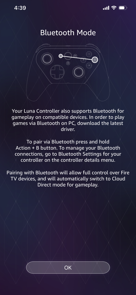 Luna Controller app screen showing instructions for pairing via Bluetooth Mode.