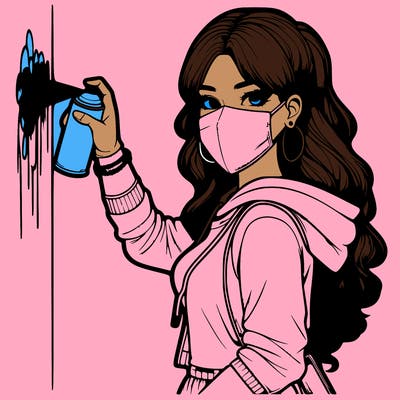realistic girl with mask spray painting a wall