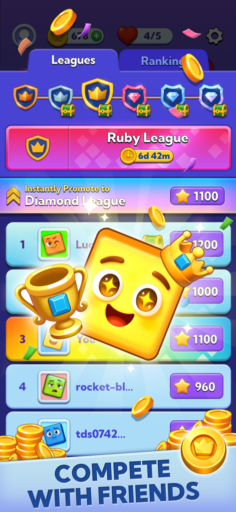 Word Blast - Connect & Solve - A colorful leaderboard screen in Word Blast showing the Ruby League ranking and players competing with a gold trophy icon