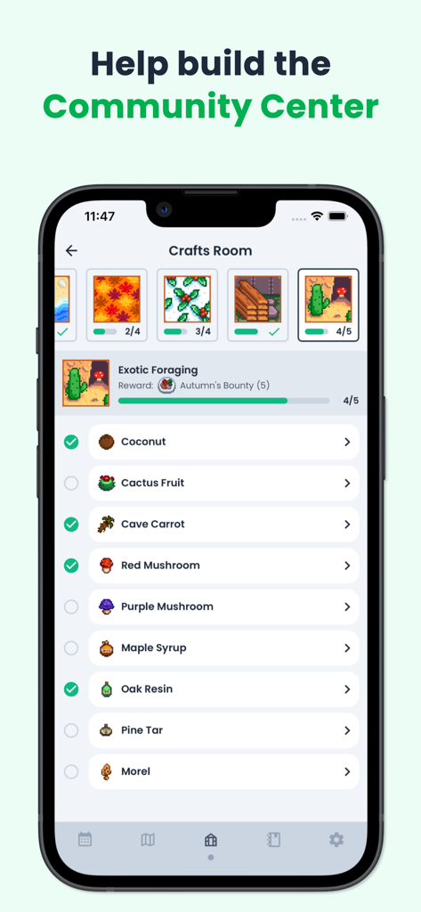 Stardew Valley Tracker - Stardew Valley Tracker app interface showing a detailed checklist for the Community Center Crafts Room bundles.