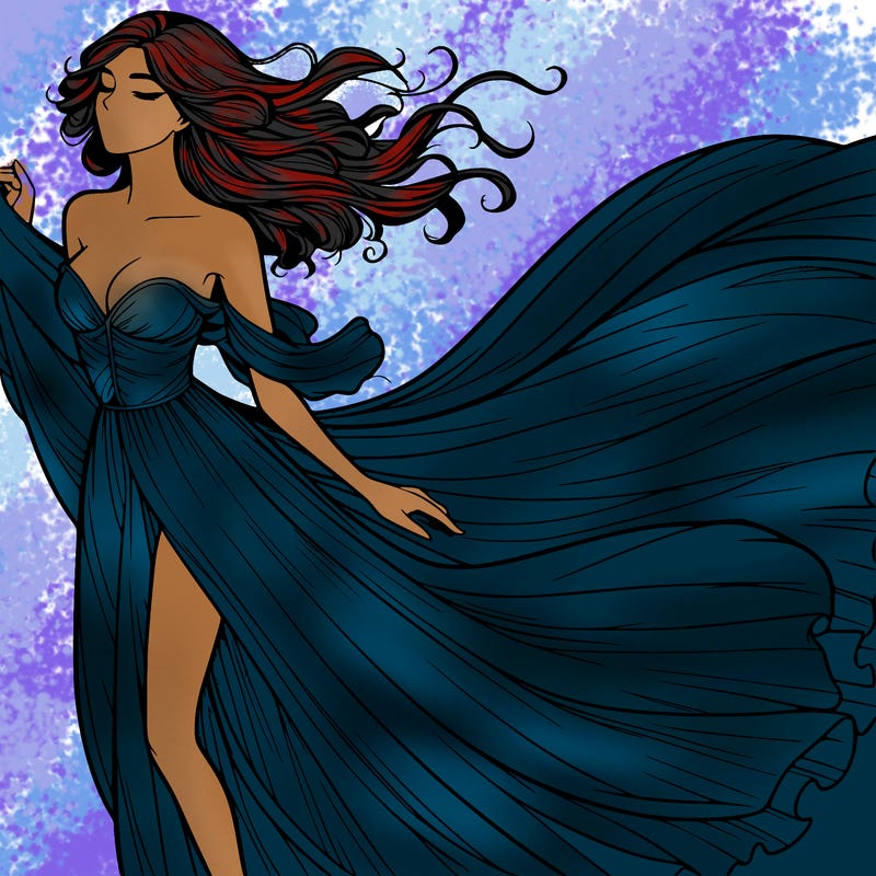 realistic woman in dress flowing the the wind