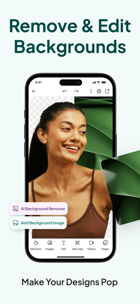 Smartphone screen demonstrating the AI background removal and editing tool in the Fluer app