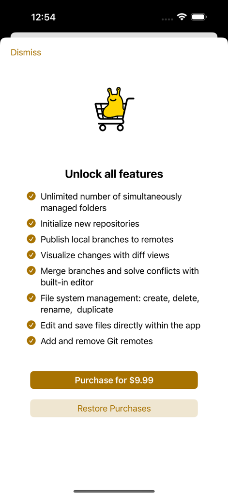 Weee: The Git Monster - An in-app purchase screen for Weee The Git Monster listing premium features such as branch merging and a diff viewer for a one-time fee