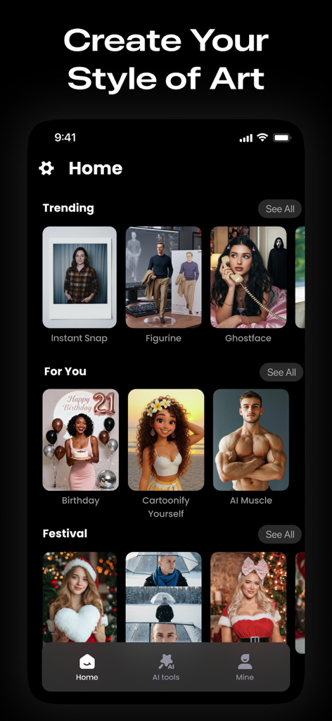 The home screen of the AI Photo Video Editor app displaying creative filter options like AI Muscle and Cartoonify Yourself.