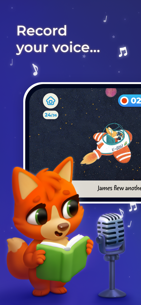 Little Stories: Bedtime Books - Un adorable renard lit un livre dans un microphone pour enregistrer une histoire du soir personnalisée.