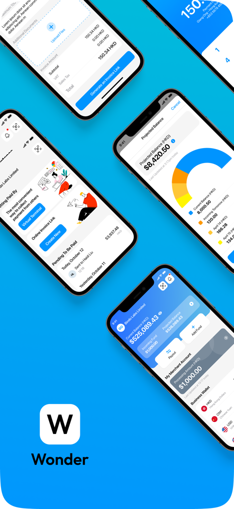 Wonder - Business Account - Multiple iPhone screens displaying the Wonder business account app interface for digital payments and financial management