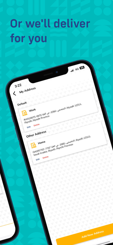 Smartphone screen showing the Kudu app's address management page with saved home and work locations for food delivery.