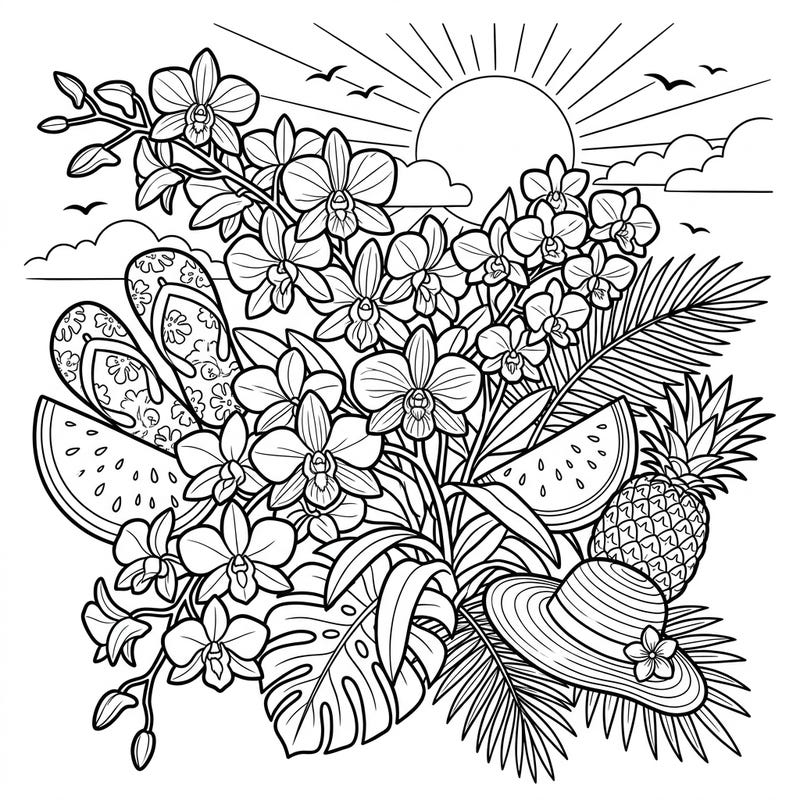 Drift into a summer dream with this enchanting coloring page featuring elegant Dendrobium orchids amidst a lively tropical spread. Capture the essence of sun-kissed days and vibrant nature with every stroke.
