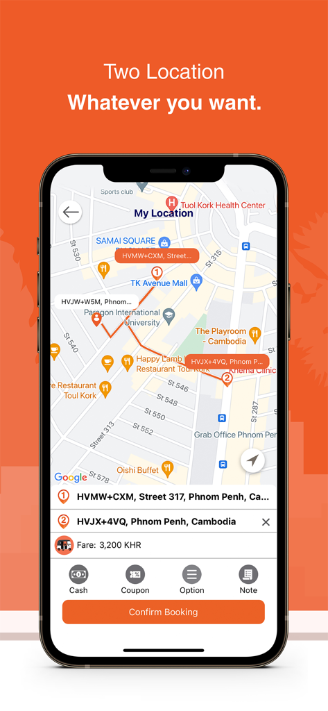 PassApp Taxi and Delivery - Interface de l'application mobile pour PassApp Taxi montrant une carte avec deux emplacements et un bouton de confirmation de réservation