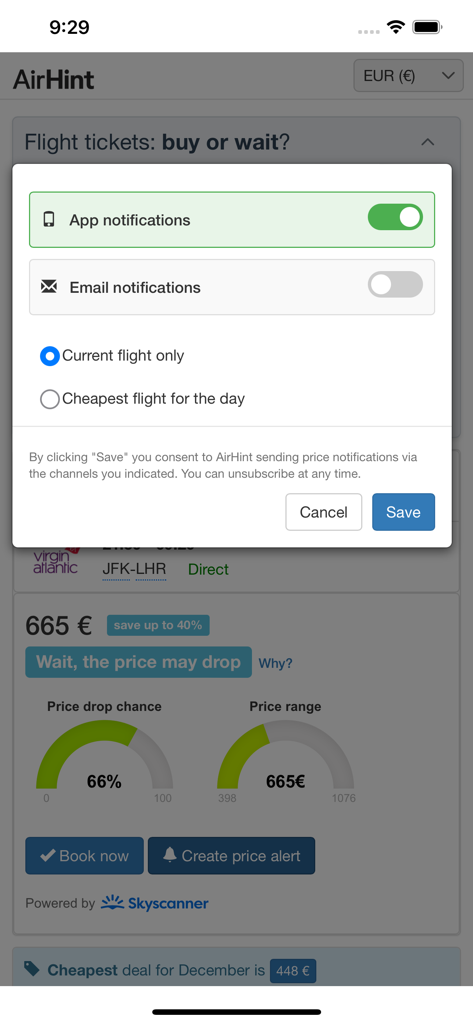 AirHint - AirHint app interface showing the price alert configuration screen with options for app and email notifications