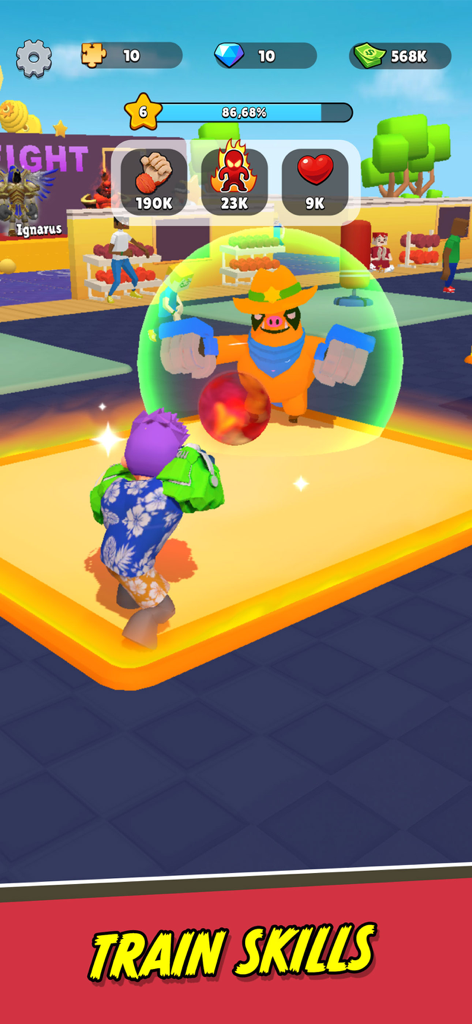 Personaje con camisa floral entrenando habilidades contra un cerdo vaquero gigante en Gym Super Click Hero