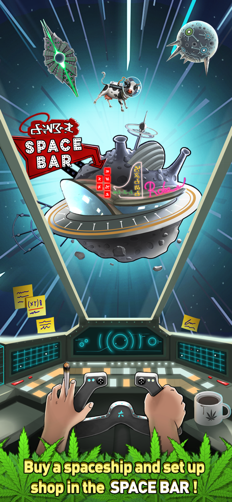 Blick aus dem Cockpit eines Raumschiffs, das im Handyspiel Weed Firm 2 auf die Space-Bar-Station zufliegt.