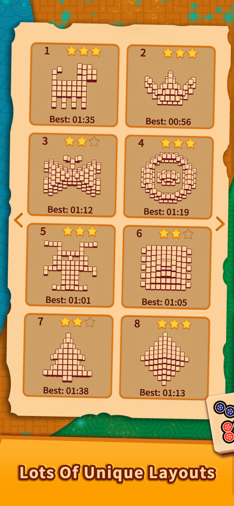 A screen displaying various Mahjong tile layouts including shapes like a dog and a butterfly with star ratings and best times