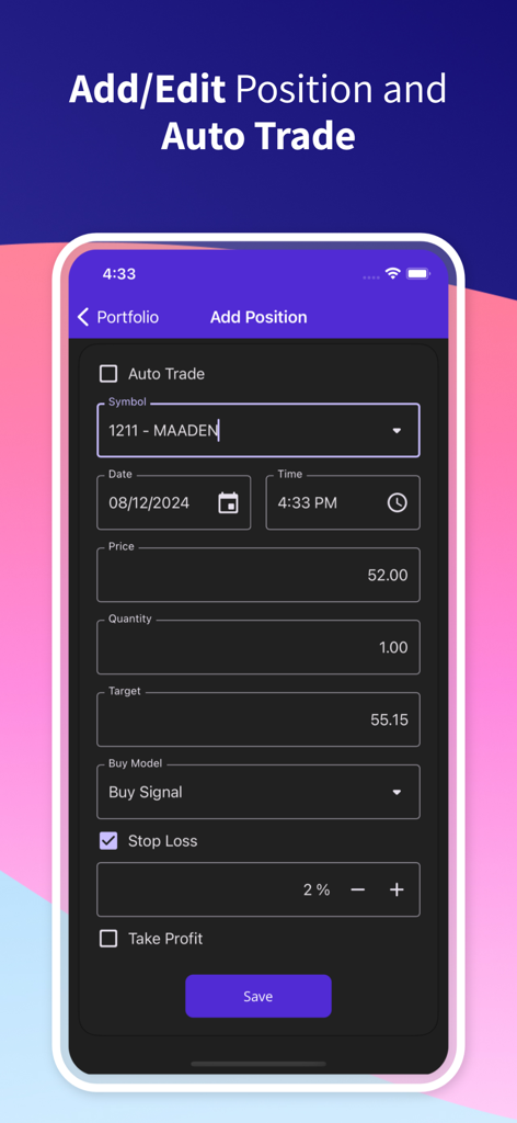 Bull Markets Today - Bull Markets Today app interface for adding a new trading position with stop loss and target price options
